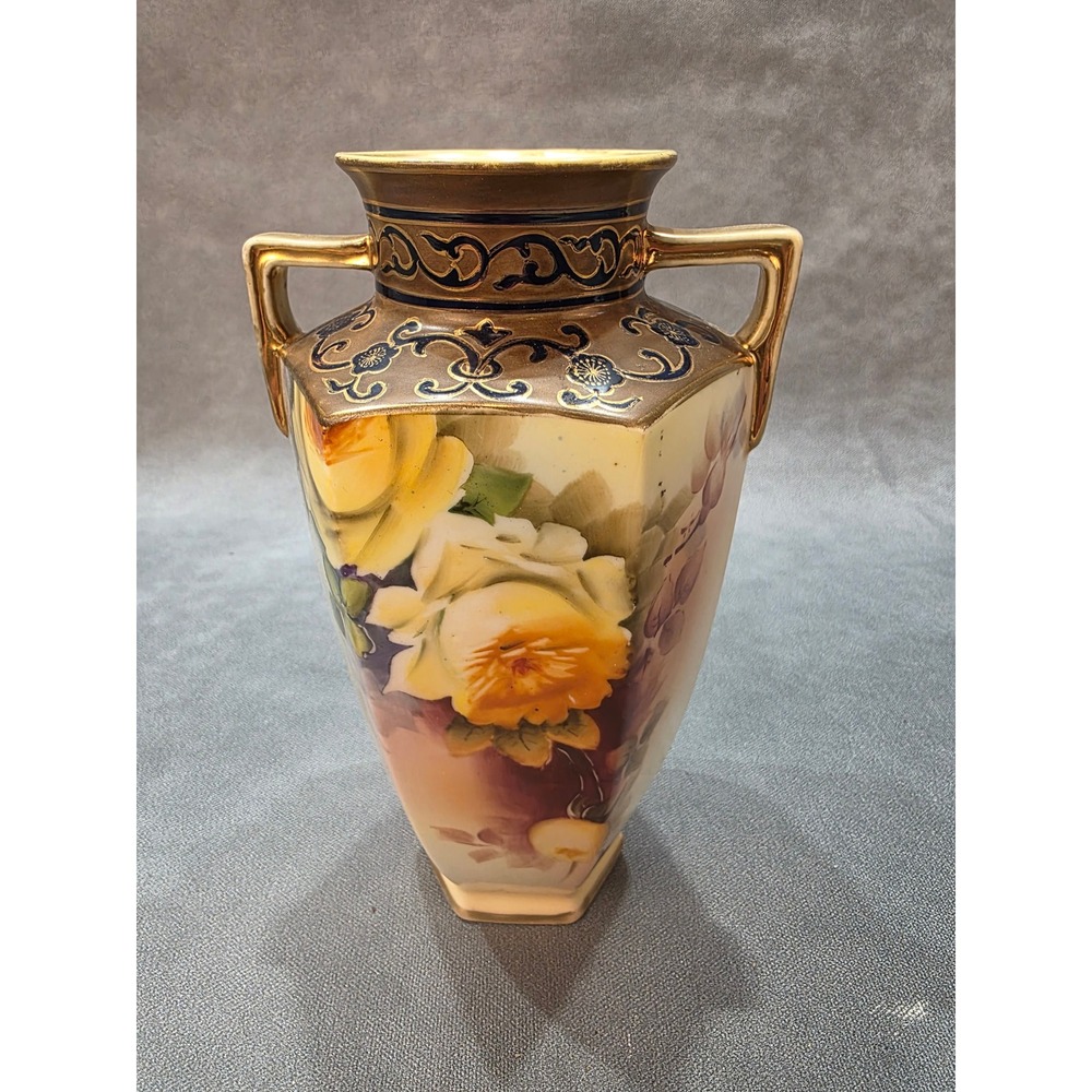 Vintage Noritake‎ Hand Painted Porcelain Vase Hexagon Moriage Gold Rose K Saito
